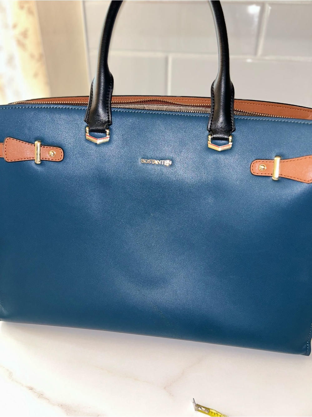 Bostanten Leather Laptop Tote Bag in Navy with Black Handles and Tan Trim/lining - Picture 6 of 15